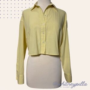 NIA Butter Yellow Gaiac Top Cropped Button Down Relaxed Fit Shirt - Small